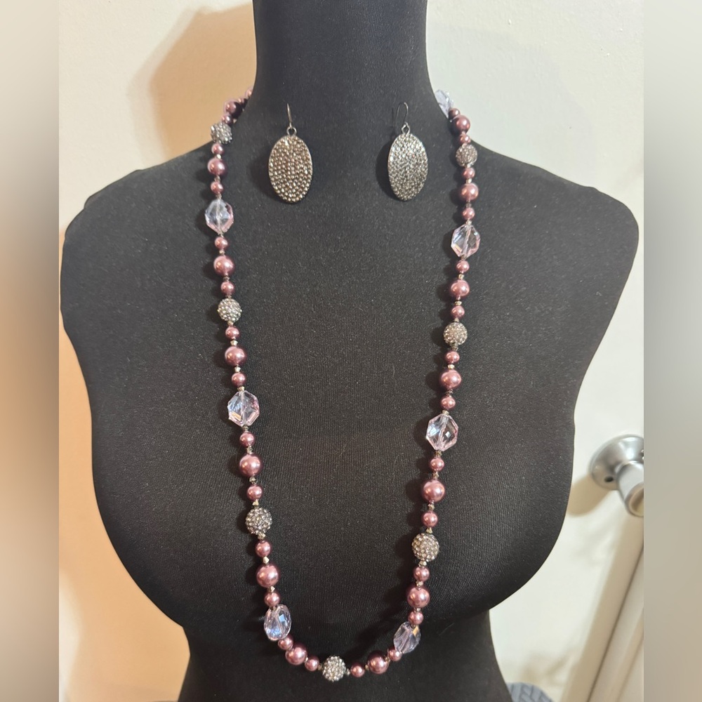 Premier Designs Lilac and Hematite Beaded Necklace and Earring Set